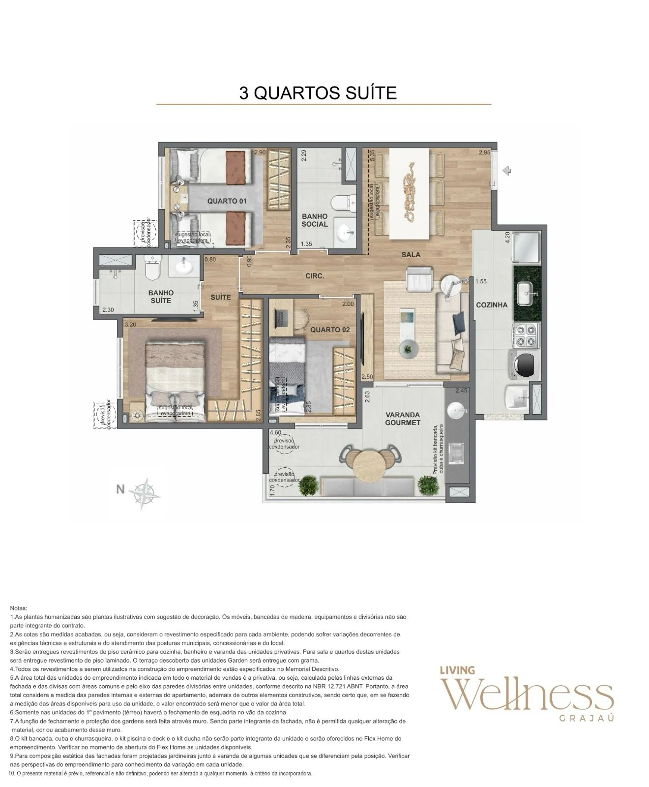 Planta de 3 quartos do Living Wellness Grajaú, no Grajaú, Zona Norte do Rio de Janeiro