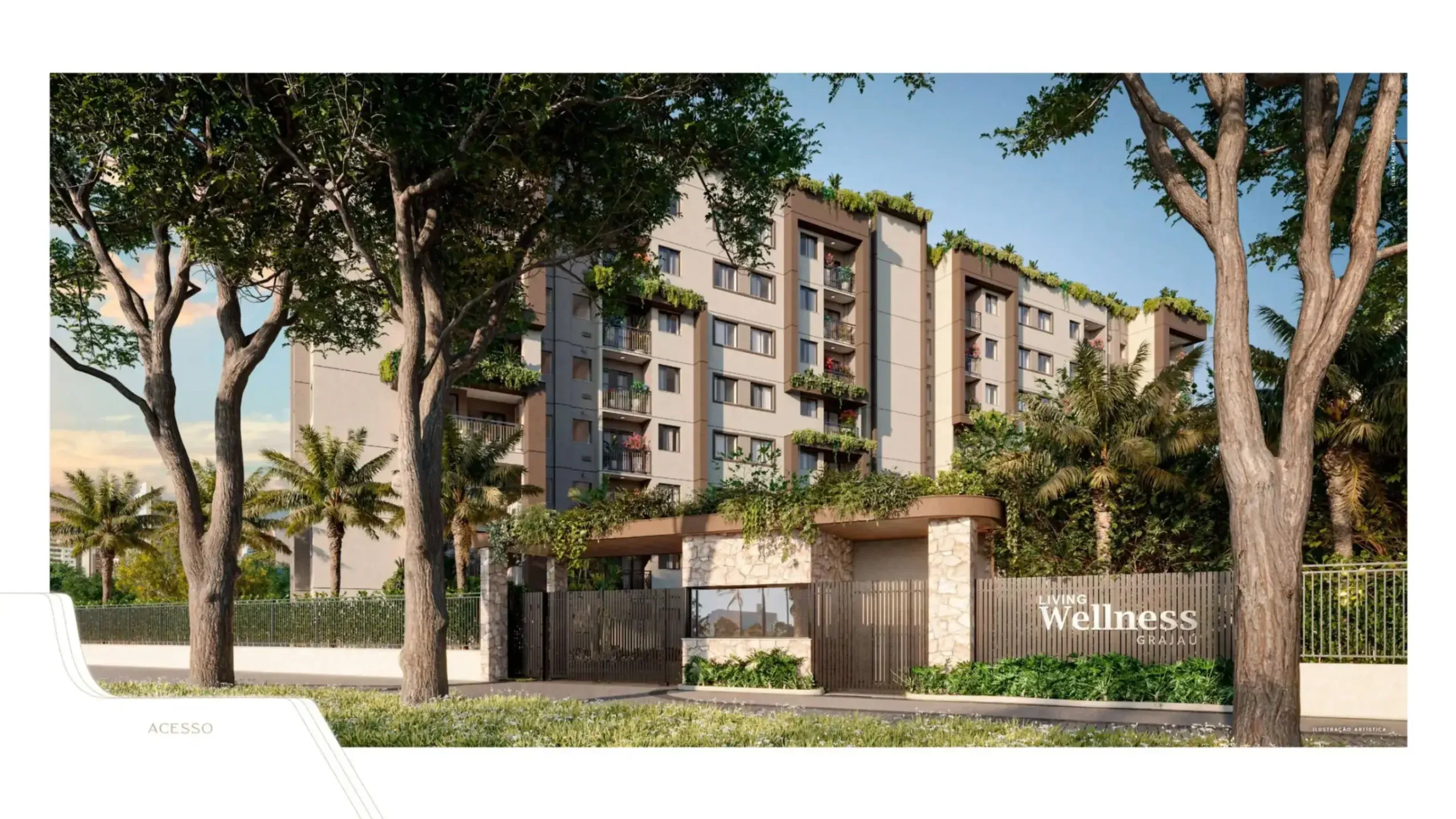 Acesso e portaria do Living Wellness Grajaú, com fachada arborizada