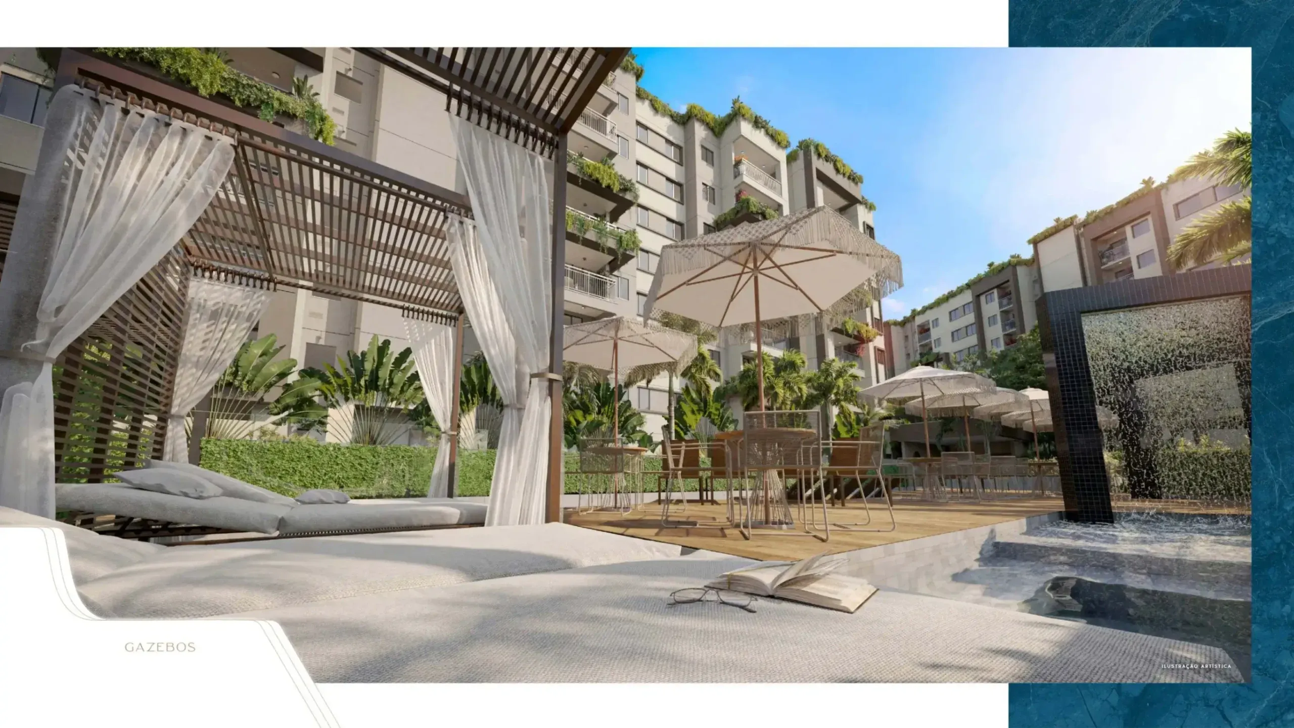 Gazebos com espreguiçadeiras e ombrelones ao lado da piscina do Living Wellness Grajaú