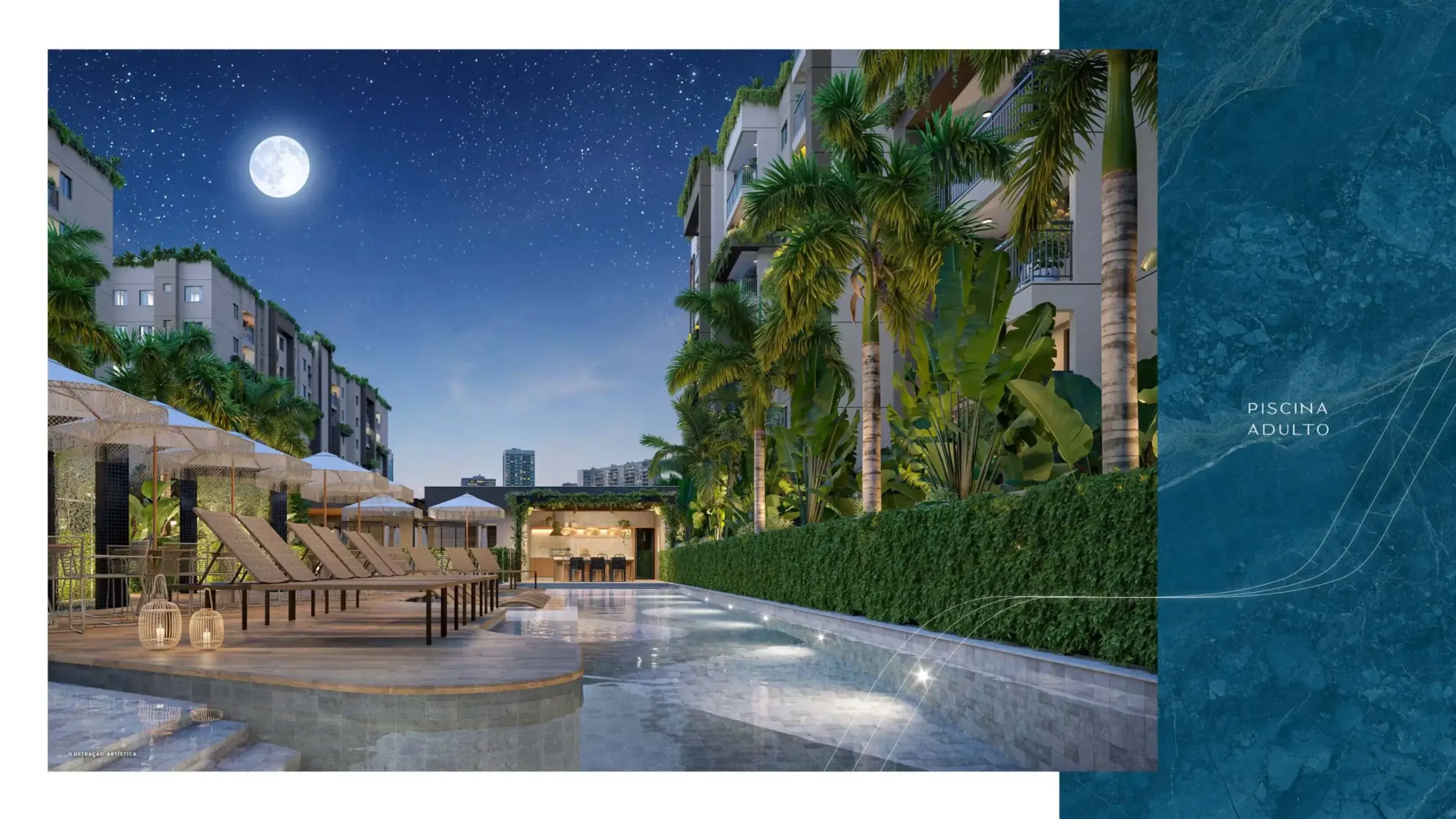 Piscina do Living Wellness Grajaú iluminada à noite
