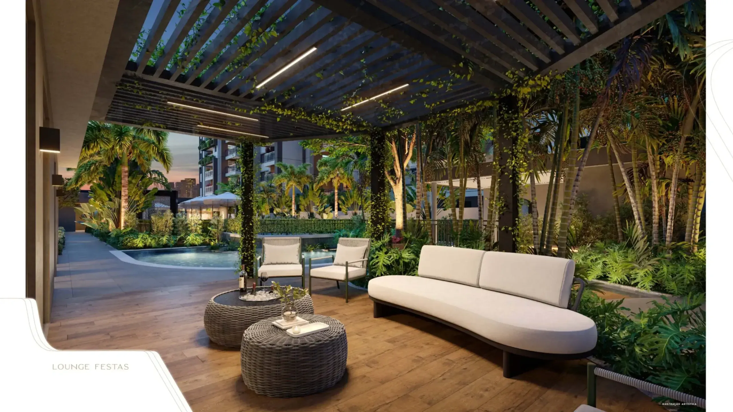 Lounge da piscina do Living Wellness Grajaú
